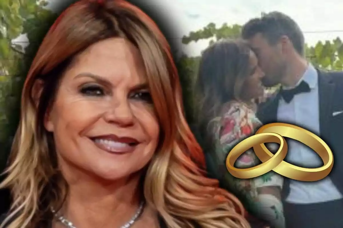 Makoke sonriente en primer plano con una pareja -que son Marta López y Alejandro Huerta- besándose al fondo y dos anillos dorados superpuestos.