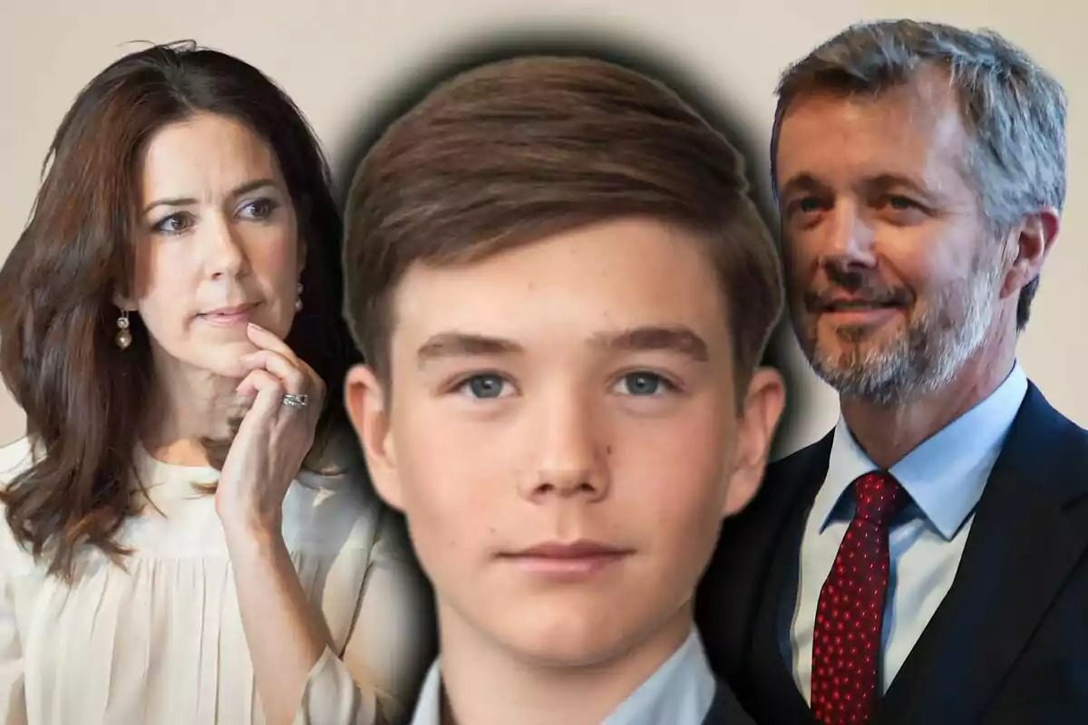 Three people pose in the picture: Prince Vincent of Denmark in the center with a serious expression, and two adults on either side, who are his parents, Frederik and Mary of Denmark.