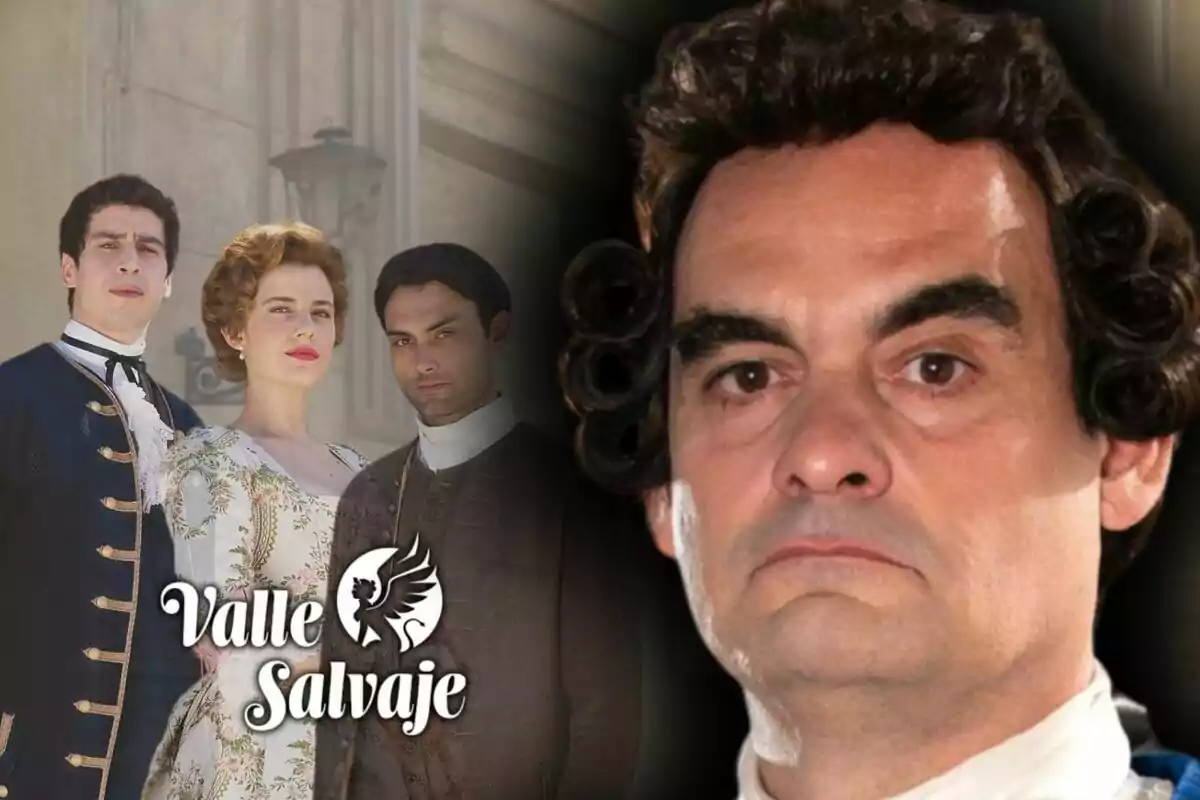 Cuatro personas con vestimenta de época posan, tres de ellas al fondo y una en primer plano, que es el actor Óscar Rabadán, junto al logo de 'Valle Salvaje'.
