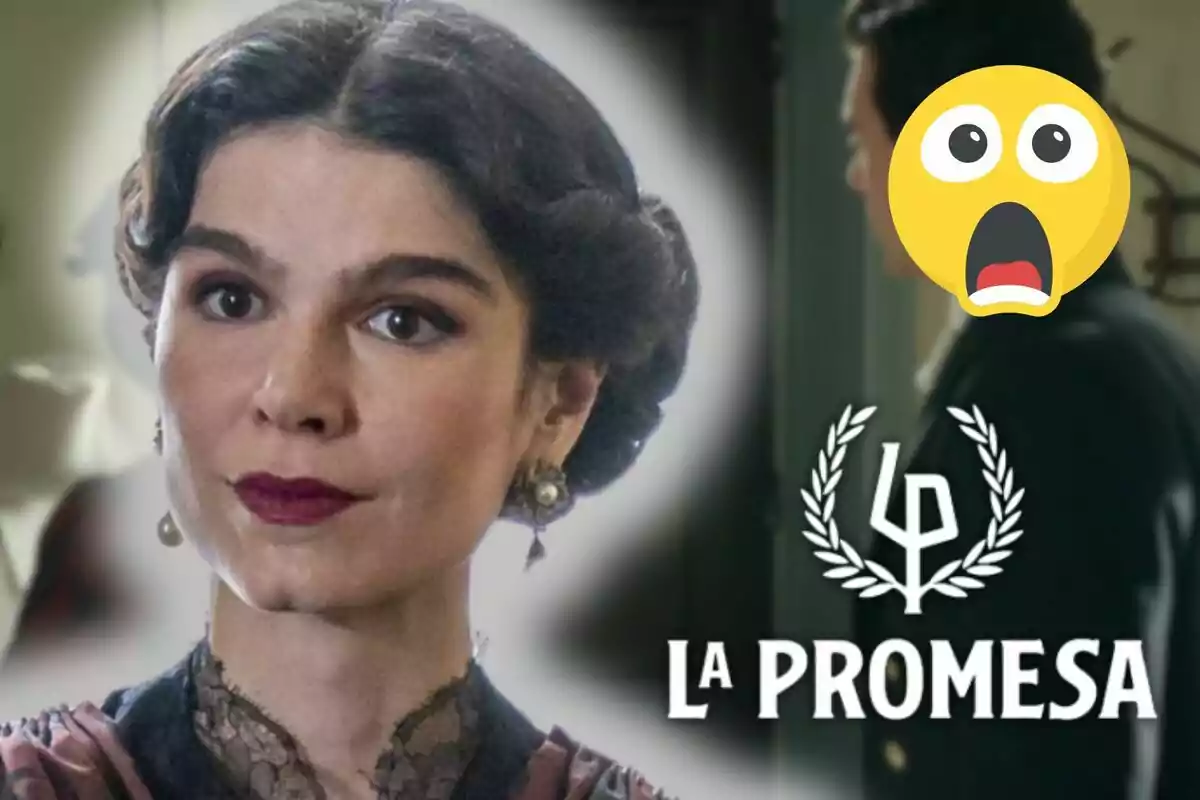 Julia Piera de cabello oscuro con peinado antiguo y expresión seria, junto al logo de La Promesa y un emoji de sorpresa cubriendo el rostro de otra persona al fondo