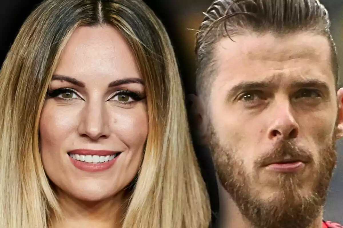 Montaje de fotos de primer plano de Edurne sonriendo y David de Gea con expresión seria.