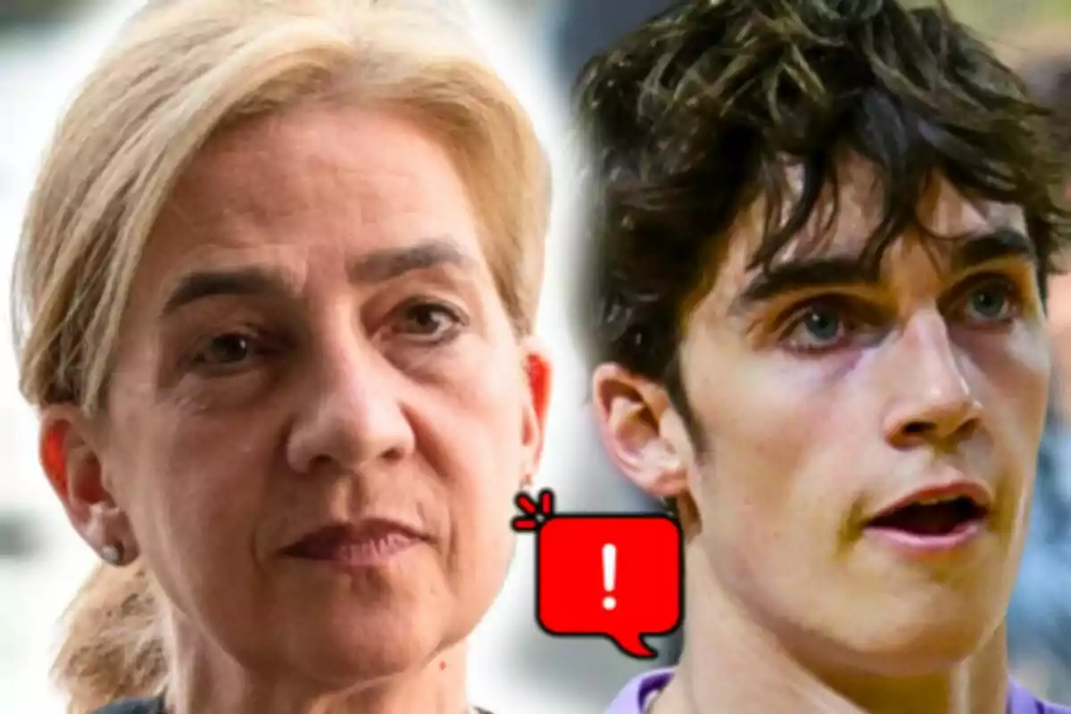 Close-up photo montage of Pablo Urdangarin and Infanta Cristina, both with serious expressions and a red warning icon between them.