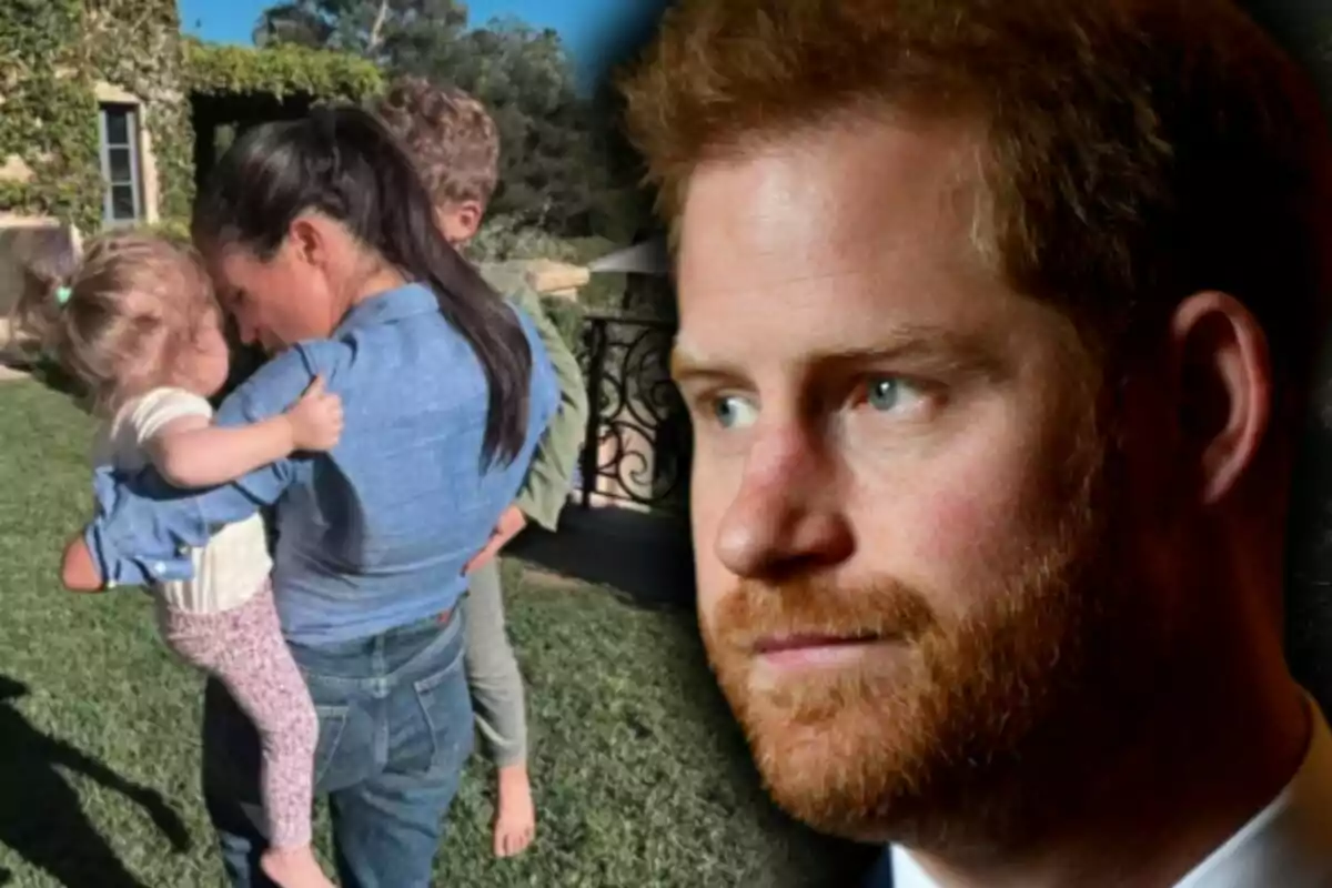 Meghan Markle holds Lilibet in her arms while Archie hugs her from behind in a sunny garden, and on the right side appears Prince Harry’s serious face.