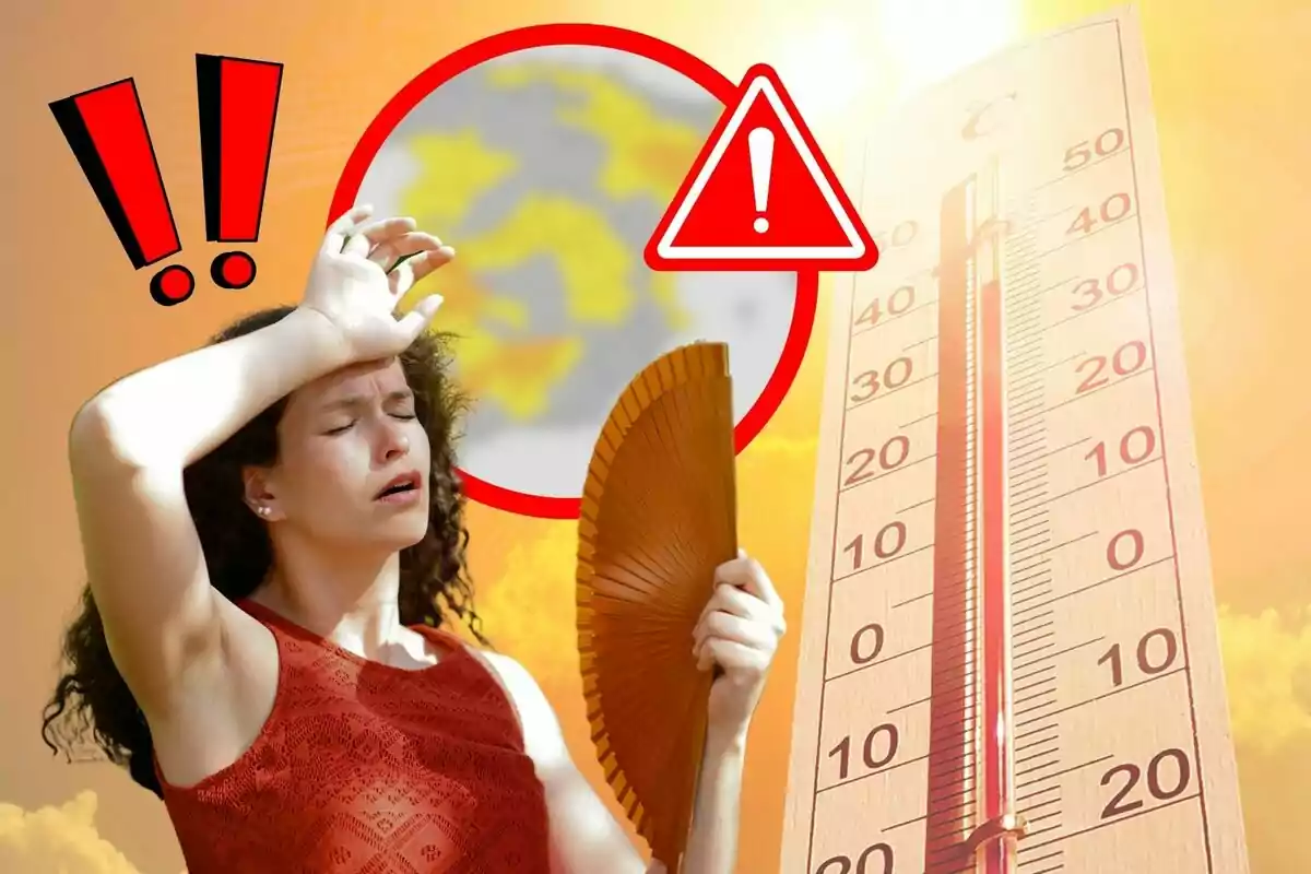 Mujer abanicándose con expresión de calor intenso junto a un termómetro que marca altas temperaturas y símbolos de advertencia sobre un fondo naranja.