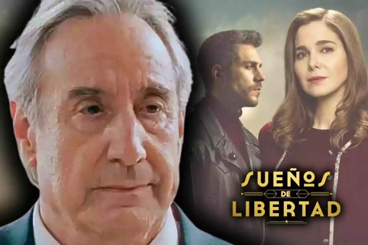 Primer plano de Juanjo Puigcorbé con expresión seria y al fondo dos personas junto al título 'Sueños de Libertad'.