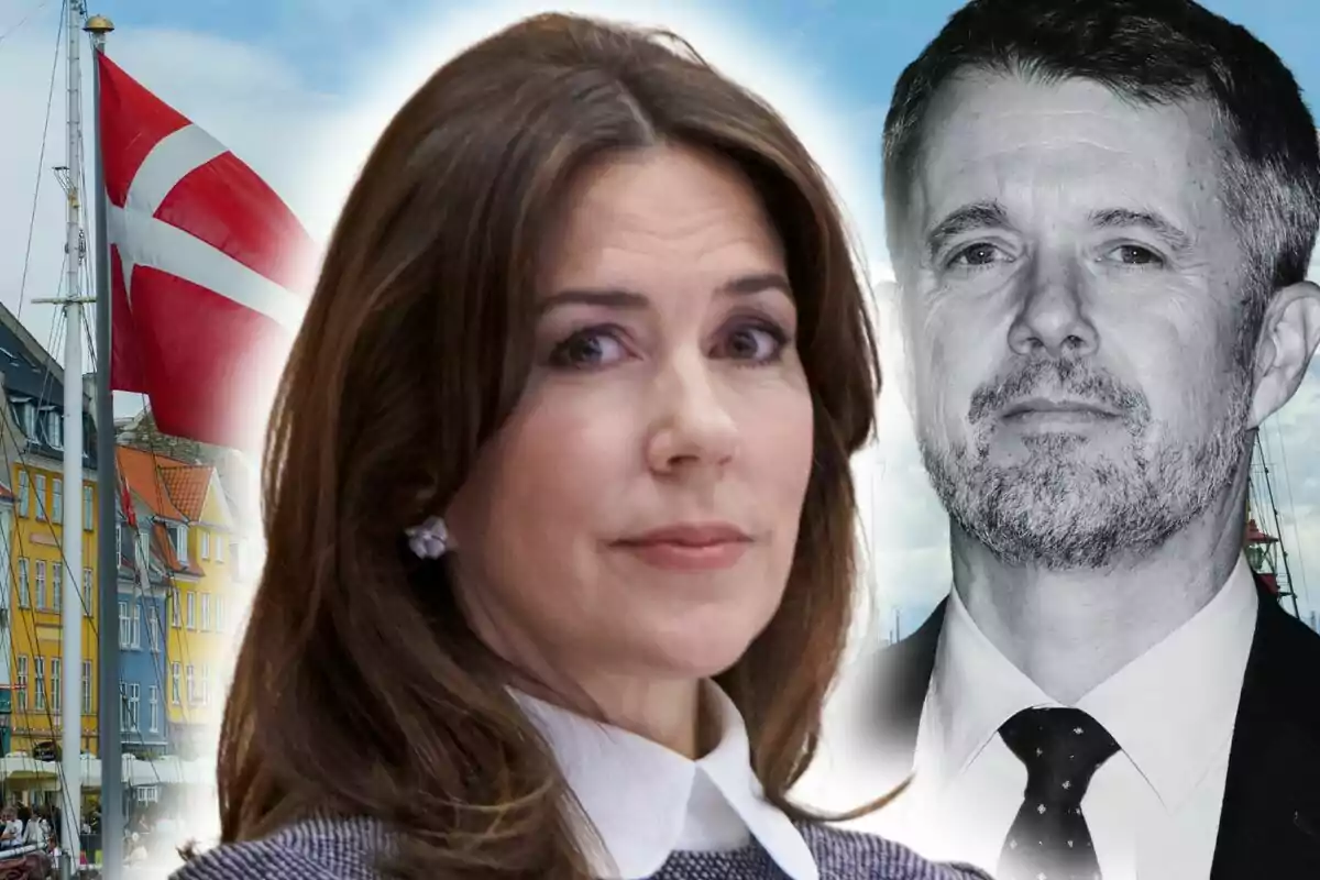 María de Dinamarca en primer plano con fondo de bandera de Dinamarca y una imagen de Federico de Dinamarca en blanco y negro.