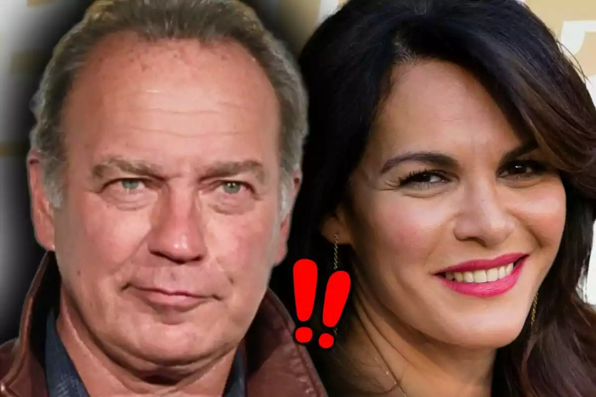 Montaje de fotos de primer plano de Fabiola Martínez y Bertín Osborne, ambos con dos signos de exclamación rojos entre ellos.