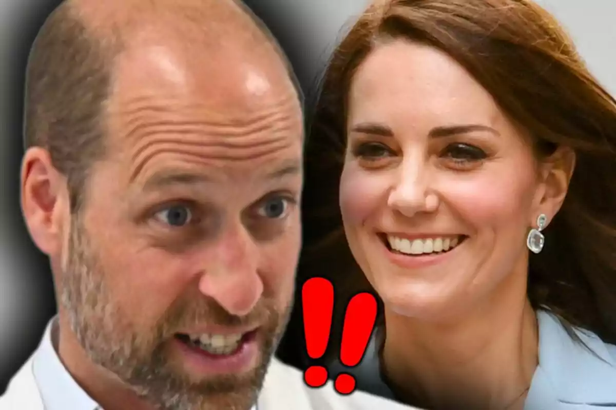 Montaje de fotos de primer plano de Kate Middleton y el príncipe Guillermo con dos signos de exclamación rojos entre ellos.