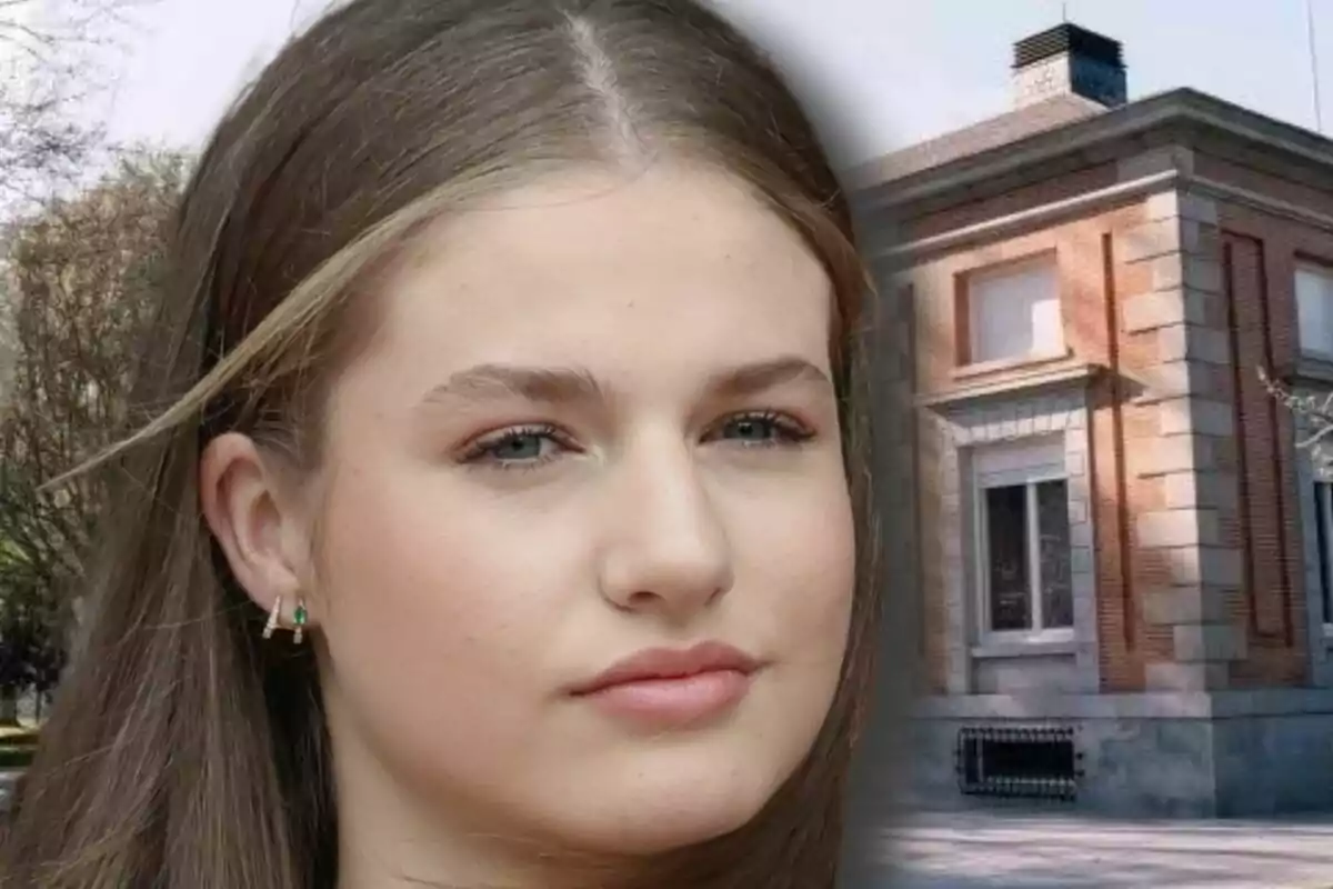 Montaje de fotos de primer plano de Leonor de Borbón con rostro serio y, de fondo, una imagen del Palacio de la Zarzuela.