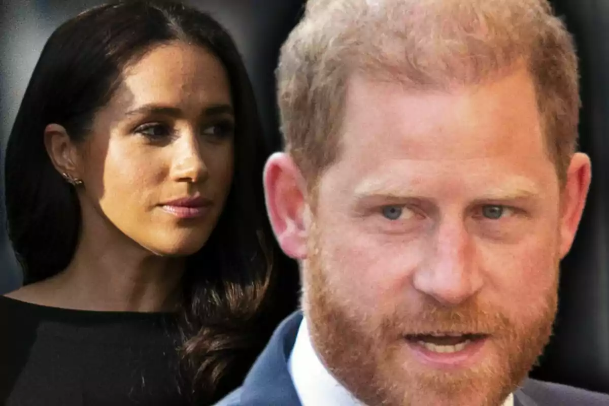 Montaje de fotos de primer plano del príncipe Harry y Meghan Markle, ambos con rostro serio.