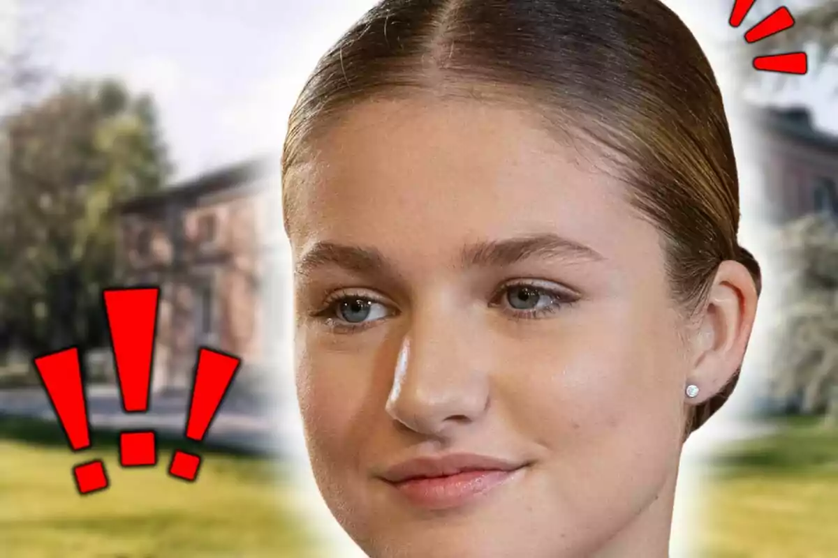 Close-up photo montage of Princess Leonor of Bourbon with her hair tied back, a serious expression, and red exclamation marks over a background of a building and blurred trees.
