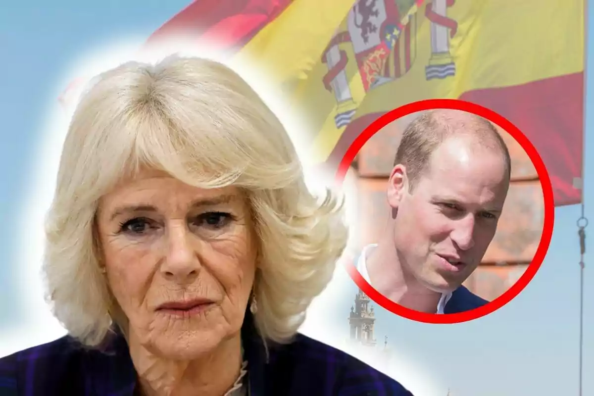 La reina Camila con expresión seria en primer plano con la bandera de España de fondo y un hombre enmarcado en un círculo rojo, el cual es el príncipe Guillermo.
