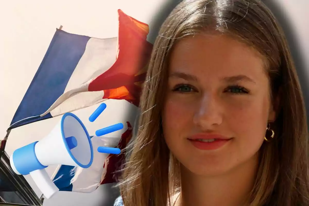La princesa Leonor sonríe frente a un fondo con banderas y un megáfono ilustrado.