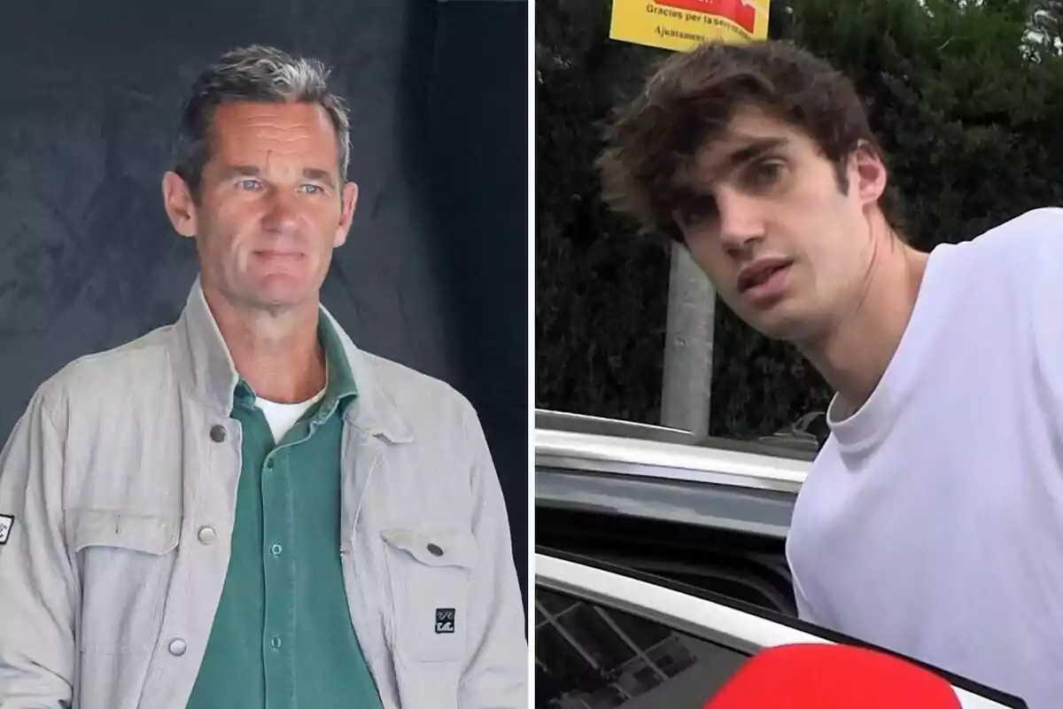Iñaki y Pablo Urdangarin aparecen en una imagen dividida, uno de ellos lleva una chaqueta clara y camisa verde, mientras que el otro viste una camiseta blanca y está junto a un coche.