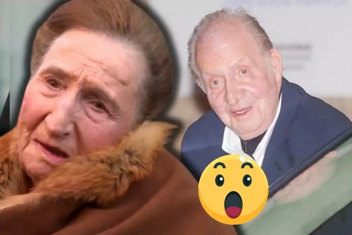 Infanta Margarita and Juan Carlos I with serious expressions and a surprised emoji in the foreground