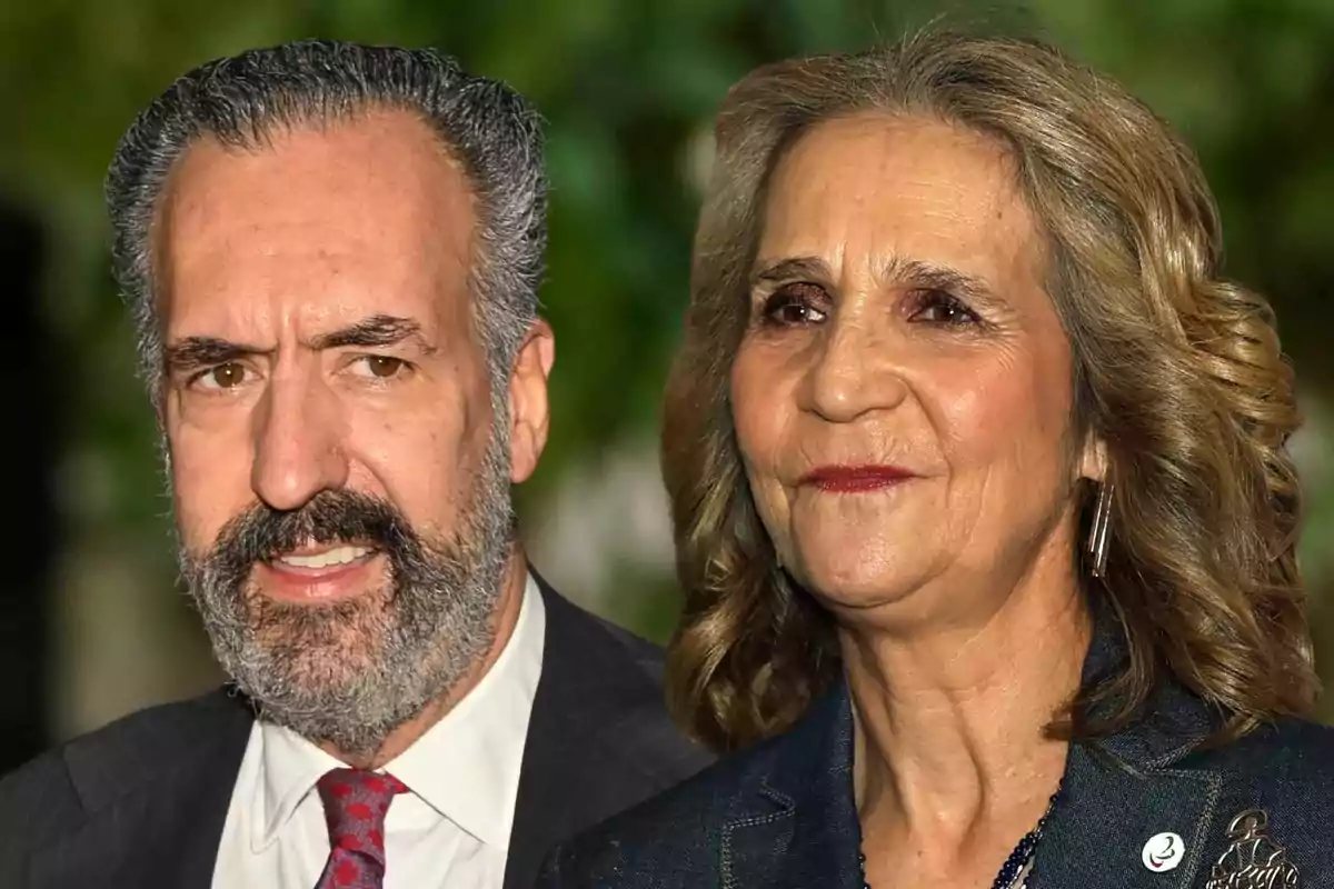 Jaime de Marichalar in a dark suit and red tie next to Infanta Elena in a blue jacket, both looking straight ahead with serious expressions