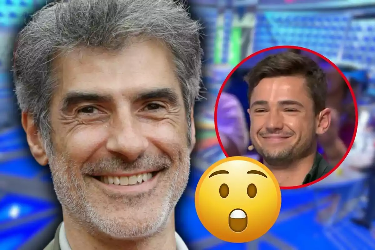 Hombre de cabello canoso sonriente en primer plano con un círculo rojo que muestra a un hombre joven sonriendo y un emoji de sorpresa sobre un fondo colorido