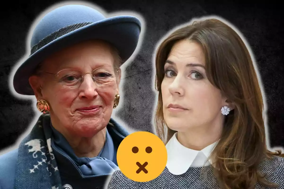 Margarita and Mary of Denmark with serious expressions and a silence emoji in the center on a dark background