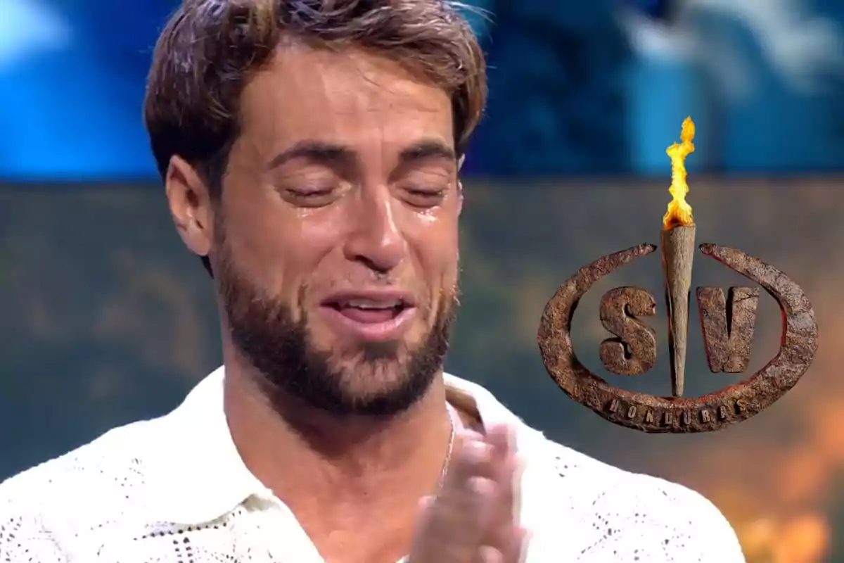 Montaje de Montoya, con barba y camisa blanca llorando de emoción, junto al logo del programa 'Supervivientes'