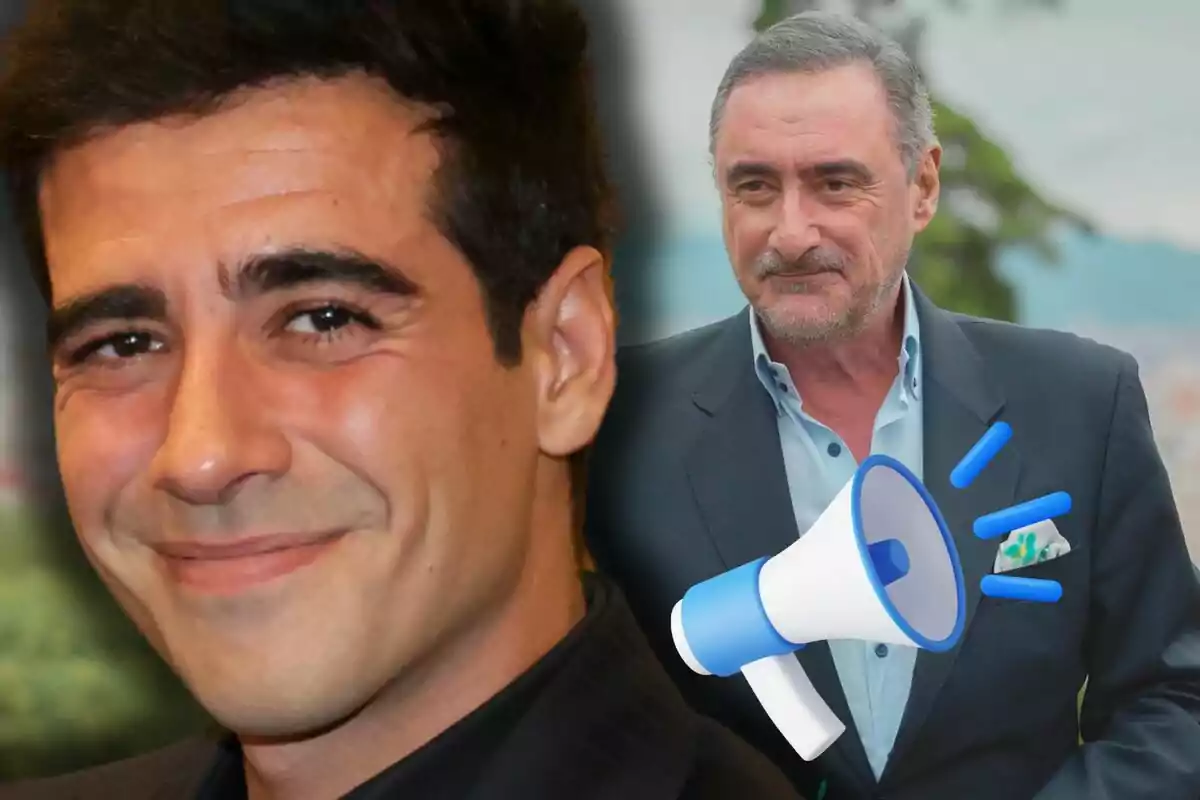 Alberto y Carlos Herrera aparecen en la imagen, uno en primer plano sonriendo y otro al fondo con un megáfono ilustrado sobre su saco.