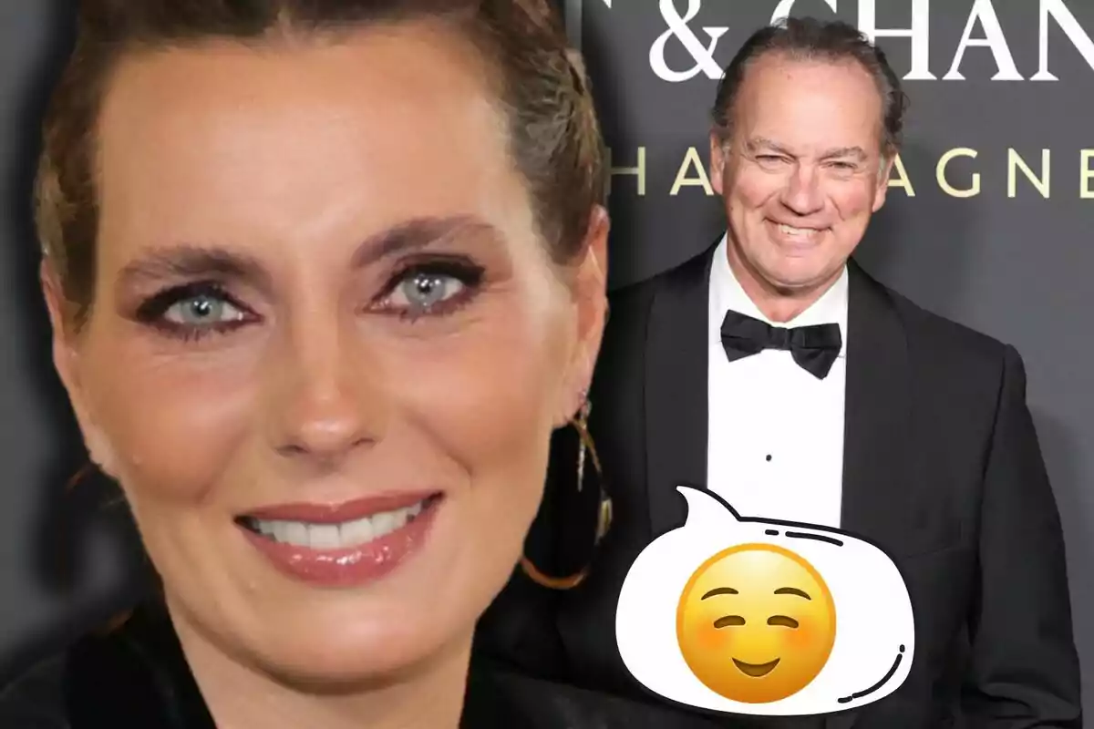 Primer plano de Alejandra Osborne sonriente con ojos claros y maquillaje elegante, al fondo Bertín Osborne con esmoquin negro y pajarita, acompañado de un emoji sonriente dentro de un globo de diálogo.