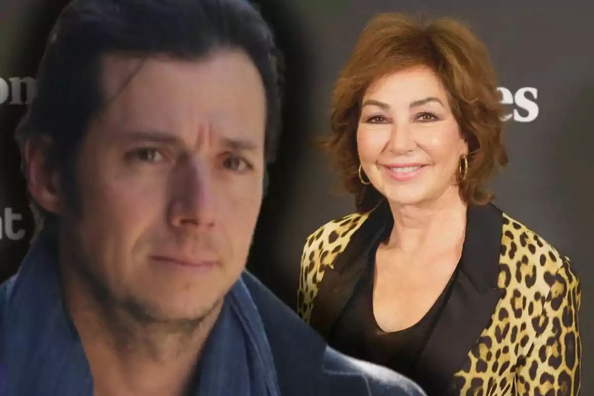 Álvaro Rojo con expresión seria aparece en primer plano mientras Ana Rosa Quintana sonriente con chaqueta de estampado animal está al fondo sobre un fondo oscuro