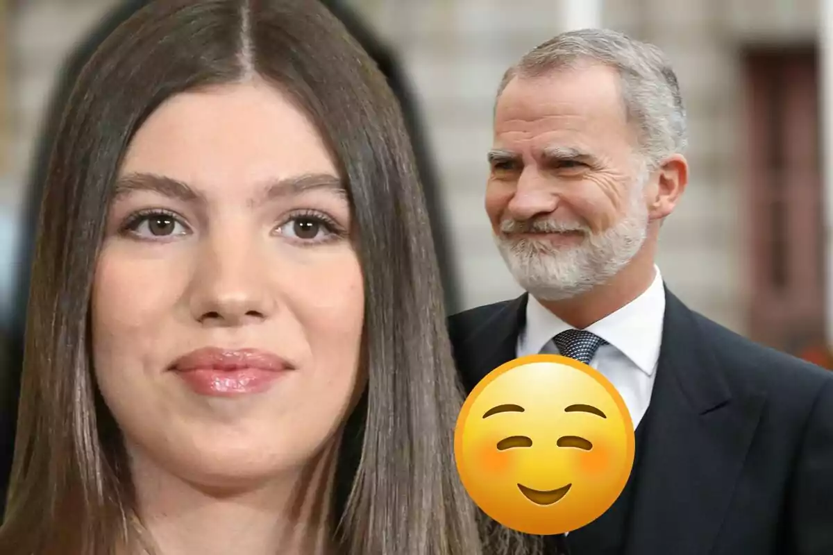 Close-up of Infanta Sofía, with Felipe VI smiling in the background and a smiling face emoji in the center of the image.