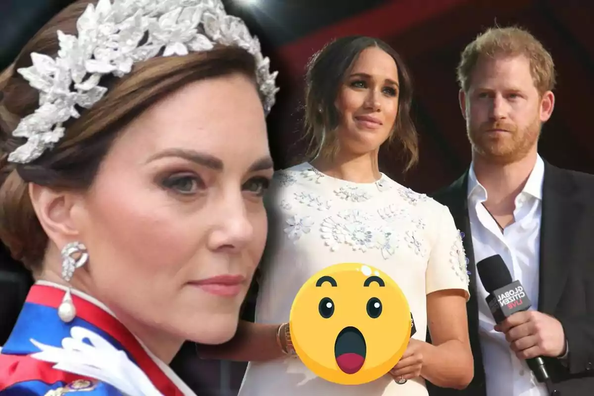 Kate Middleton in the foreground wearing a tiara and an elegant dress, while in the background Meghan Markle and Prince Harry have serious expressions and a surprised emoji covers part of the image.