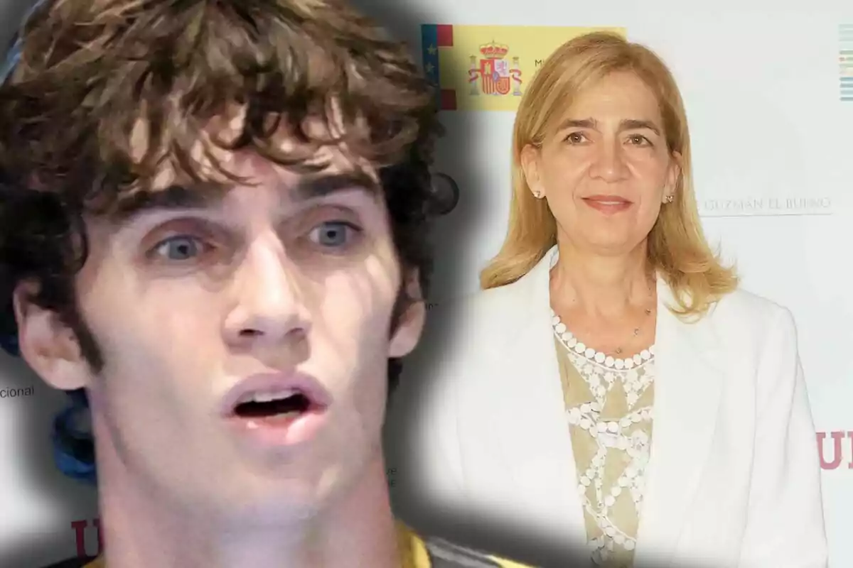 Pablo Urdangarin con expresión sorprendida aparece en primer plano mientras al fondo se ve a la infanta Cristina con chaqueta blanca posando frente a un cartel institucional