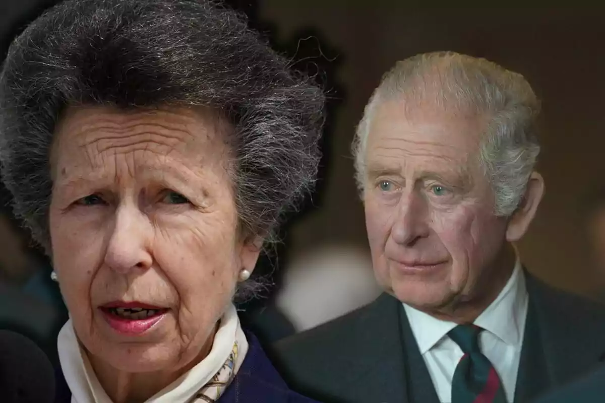 Princess Anne and Charles III with serious expressions, a woman in the foreground and a man in the background, both with gray hair and formal attire.