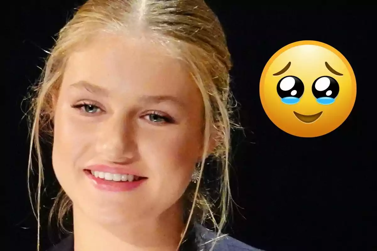 Princess Leonor smiling with a face emoji with sparkling eyes and small tears next to her