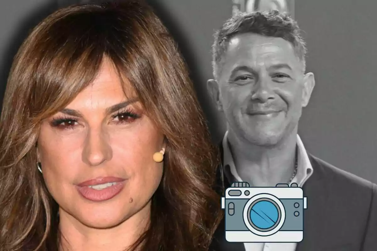 Close-up of Raquel Perera with a microphone on her cheek, Alejandro Sanz appears in the background in black and white along with a camera icon.