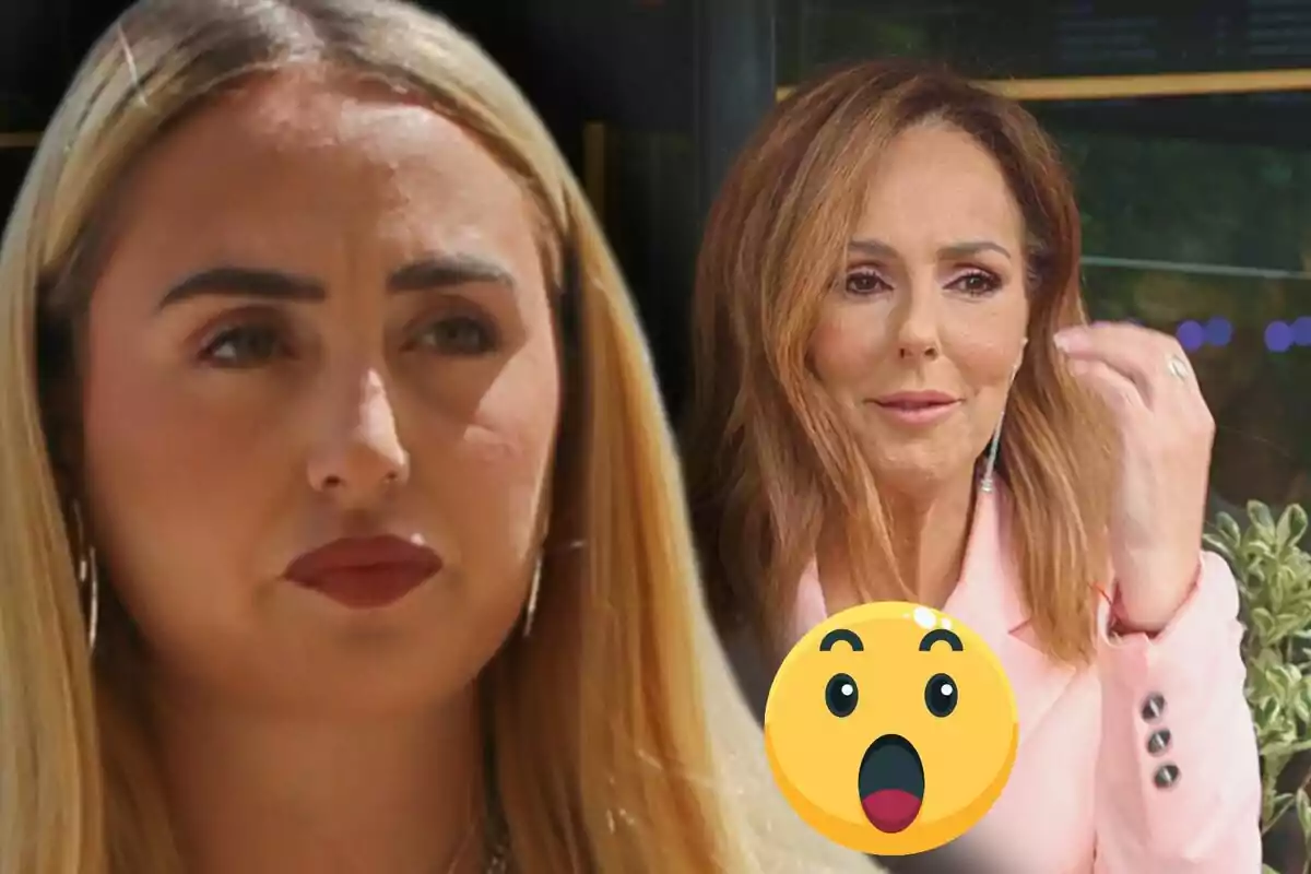 Rocío Flores y Rocío Carrasco mirando en diferentes direcciones con una expresión seria y un emoji de sorpresa en primer plano