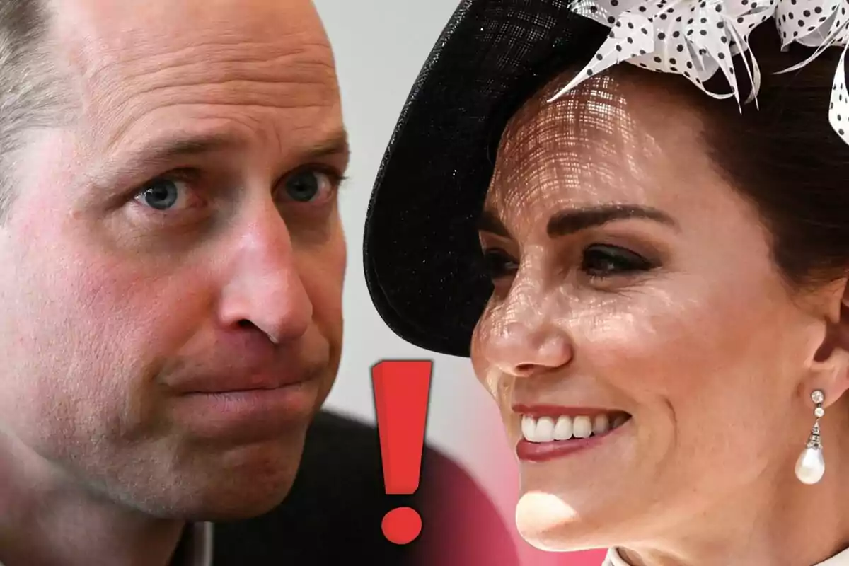 Un hombre con expresión seria y una mujer sonriente con sombrero elegante aparecen juntos con un signo de exclamación rojo entre ellos