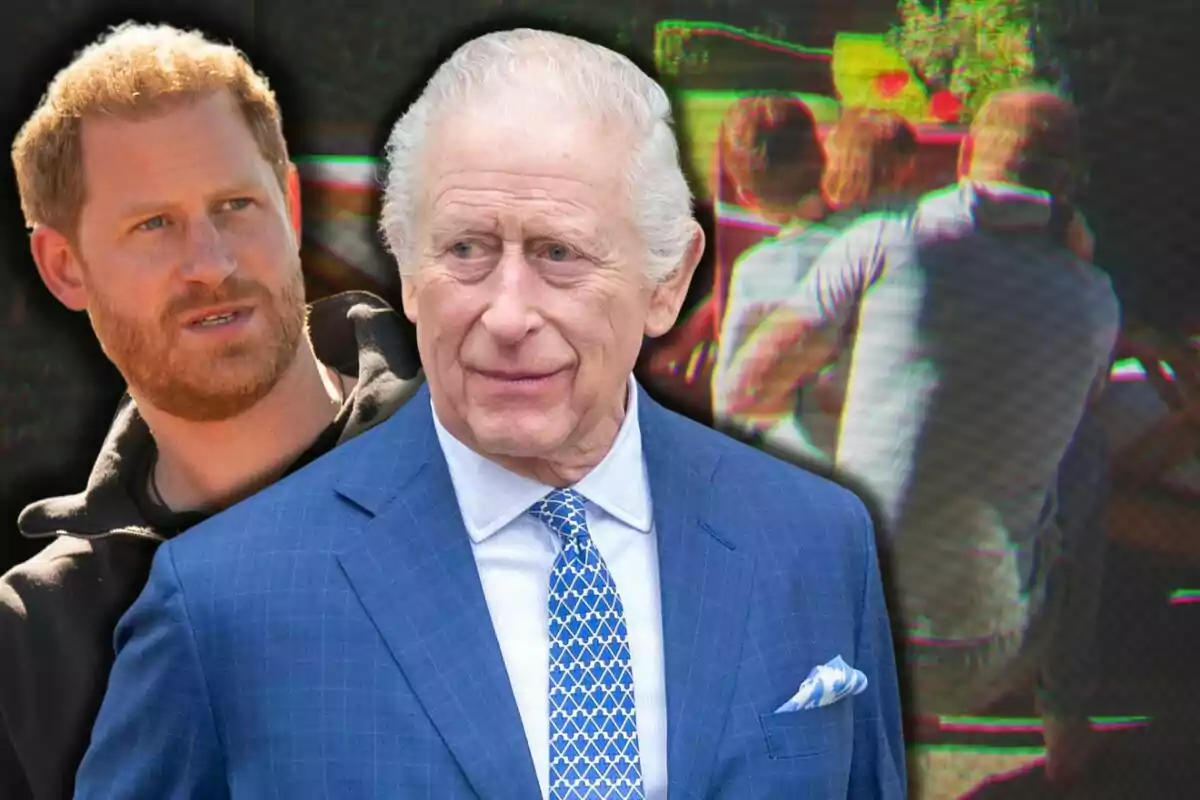Prince Harry and Charles III in the foreground with serious expressions, and in the background a blurry image of people sitting together