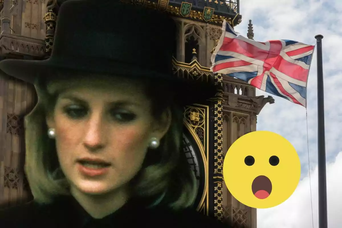 Lady Di wearing a black hat in front of Big Ben with a UK flag waving, accompanied by a surprised emoji