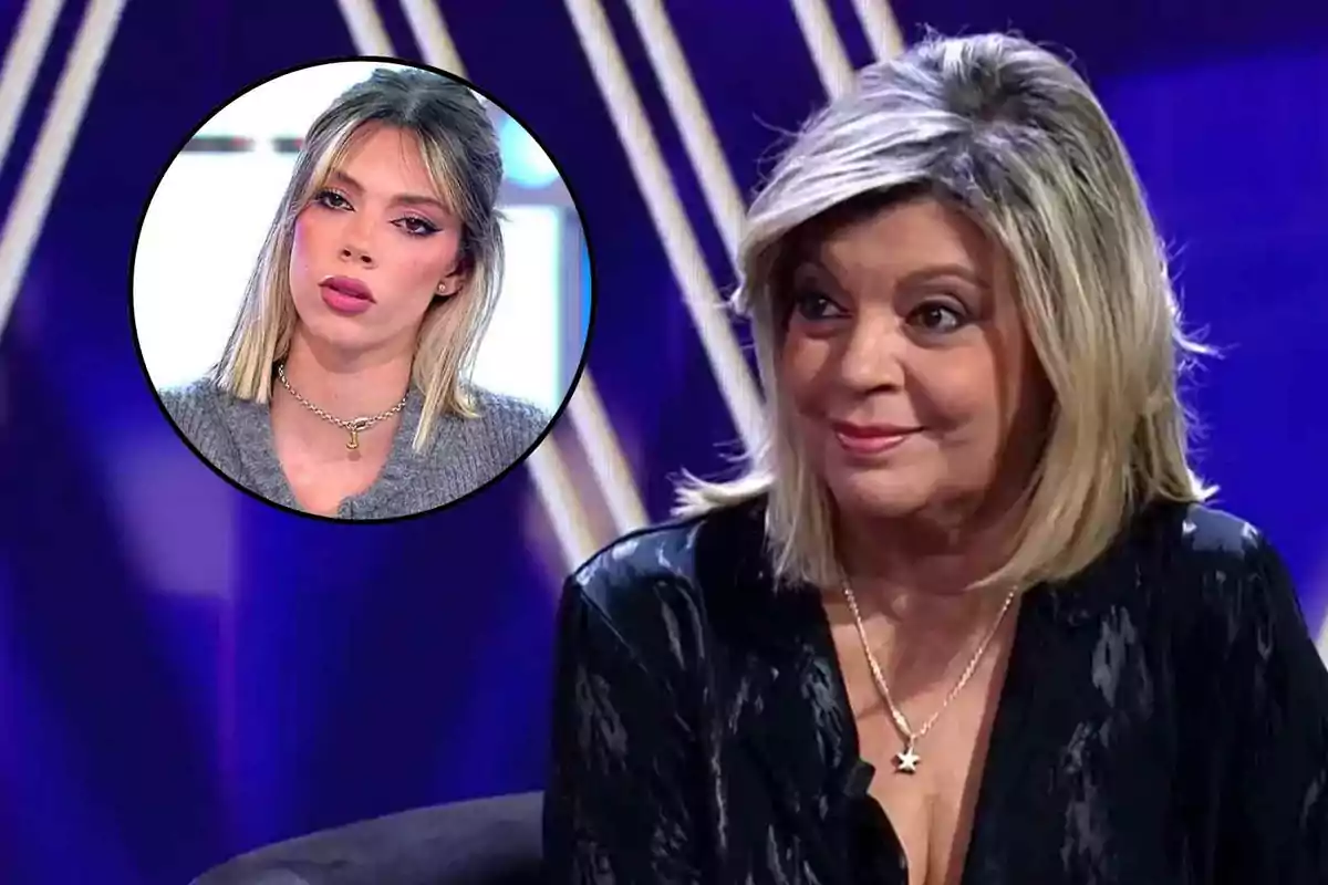 Terelu Campos y Alejandra Rubio en un set de televisión, una aparece en primer plano sonriendo y la otra en un recuadro circular con expresión seria.
