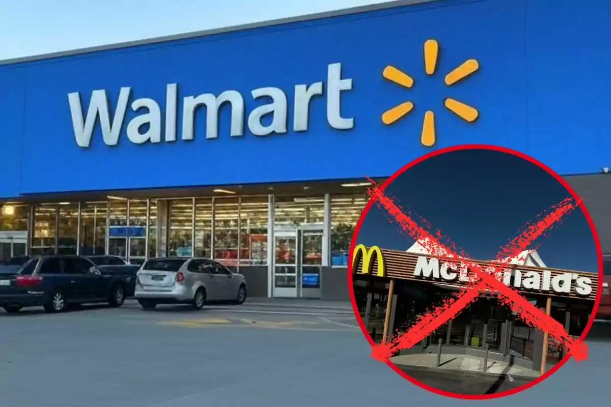 Fachada de Walmart con un círculo que contiene una imagen de McDonald's tachada con una X roja
