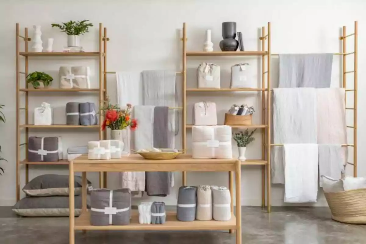 Wooden shelves with folded and rolled bedding in neutral tones, cushions, decorative plants, and flowers on a central table in a minimalist and tidy setting. Wooden shelves with folded and rolled bedding in neutral tones, cushions, decorative plants, and flowers on a central table in a minimalist and tidy setting.