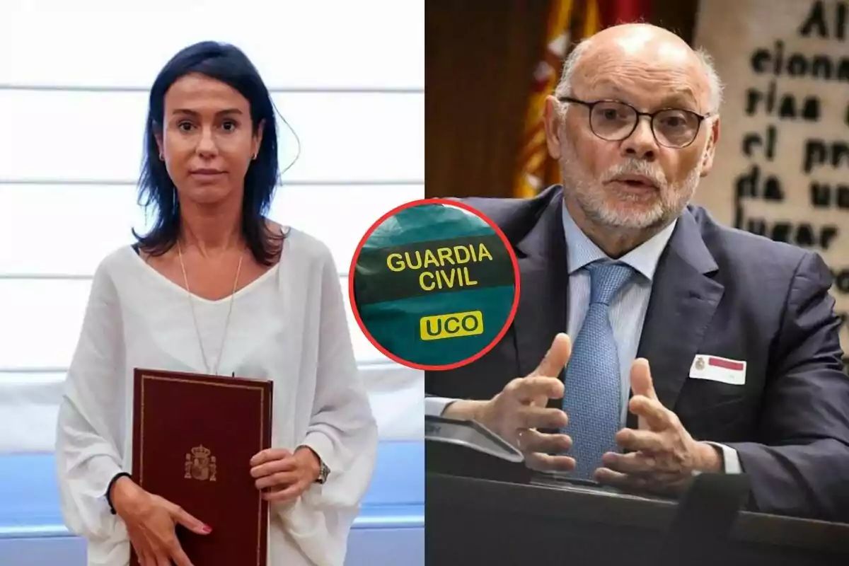 Una mujer con una carpeta oficial y un hombre mayor con gafas y traje aparecen en la imagen, en el centro hay un círculo con el texto Guardia Civil UCO