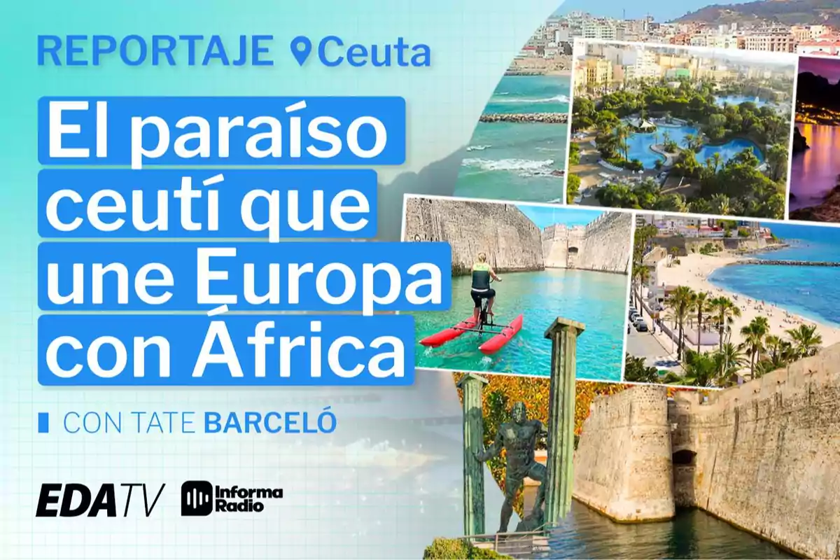 Portada de un reportaje sobre Ceuta con imágenes de paisajes, playas, murallas y zonas turísticas, acompañada de texto promocionando a la ciudad como un paraíso que une Europa con África