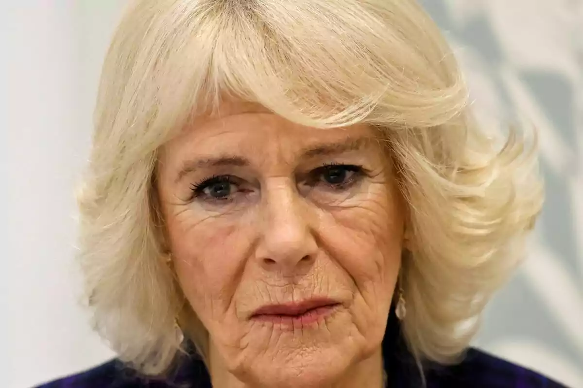 Close-up of Queen Camilla with a serious expression looking straight ahead. Close-up of Queen Camilla with a serious expression looking straight ahead.