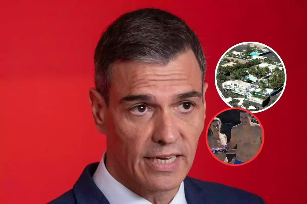 Hombre de cabello corto y canoso con fondo rojo y dos círculos que muestran una casa con piscina y una pareja en la playa