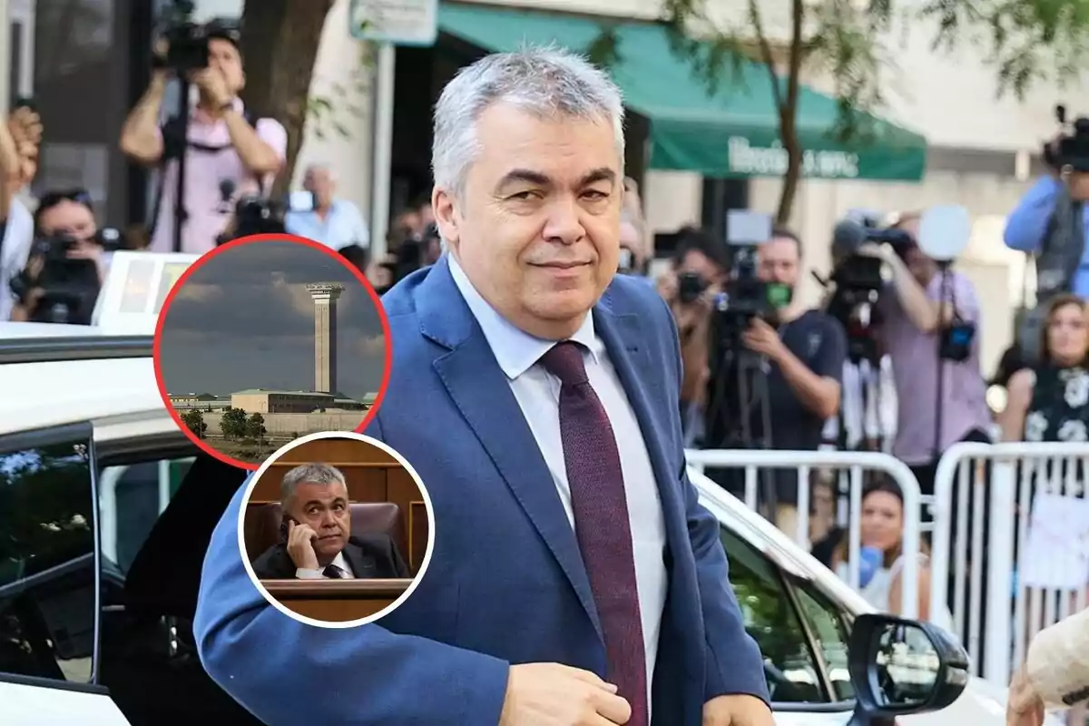 Hombre de cabello canoso con traje azul y corbata morada bajando de un auto mientras varias personas y fotógrafos lo observan al fondo con dos recuadros superpuestos uno mostrando una torre de prisión y otro una escena de él en un tribunal