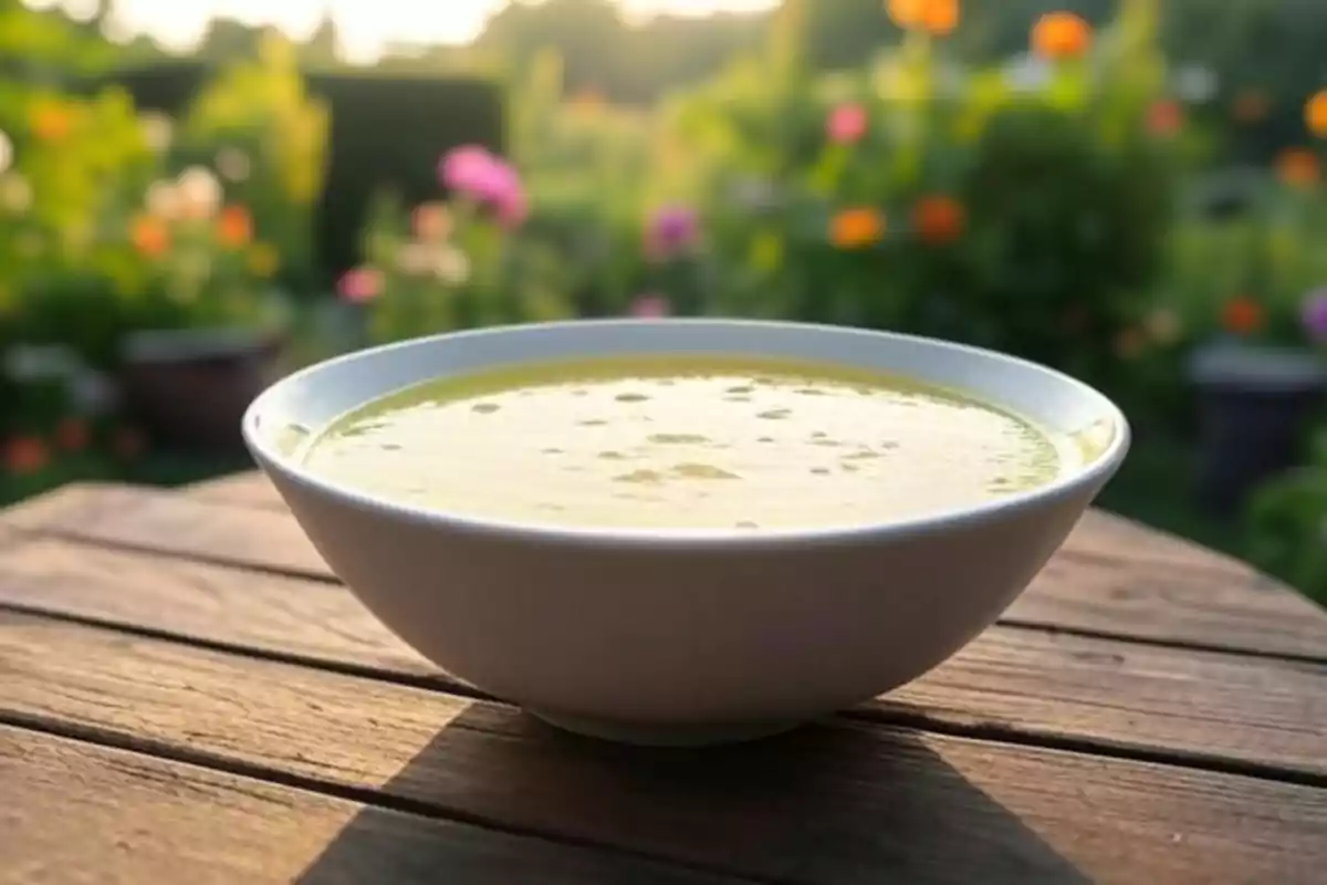 Tazón blanco con sopa de melón sobre una mesa de madera en un jardín con flores al fondo