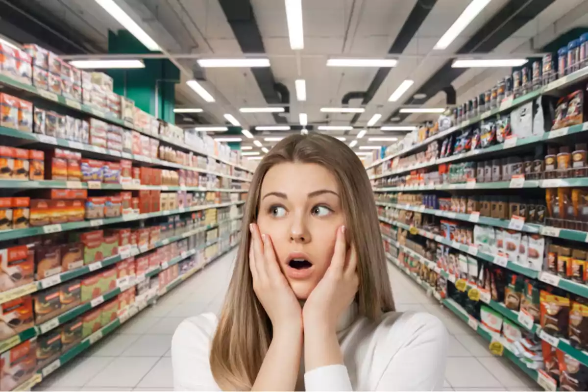 Mujer joven con expresión de sorpresa en un pasillo de supermercado lleno de productos
