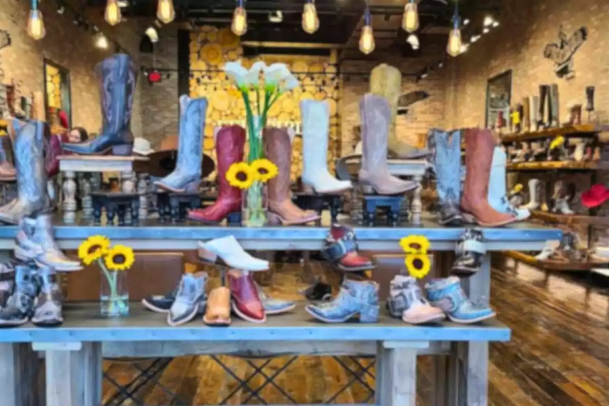 Exhibition of cowboy boots and booties in a store with rustic decor and yellow flowers