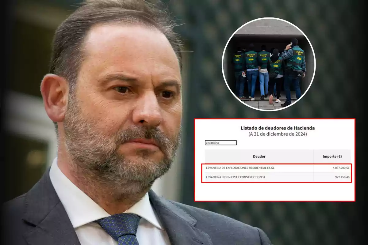 Hombre de traje con expresión seria, en la esquina superior derecha aparece un grupo de personas con chalecos de la Guardia Civil y en la parte inferior un recuadro muestra una lista de deudores de Hacienda con dos empresas y sus respectivas cantidades adeudadas.