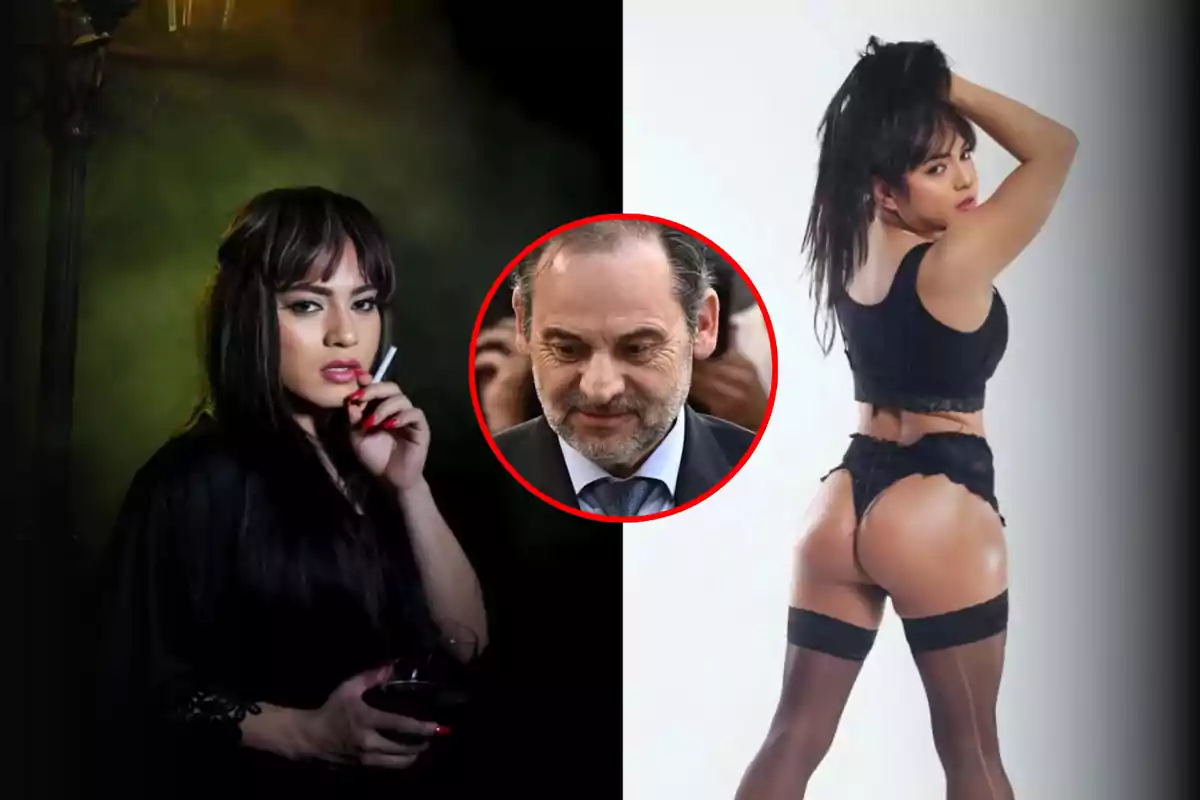 Montaje con una mujer posando en dos estilos diferentes y un hombre en el centro dentro de un círculo rojo