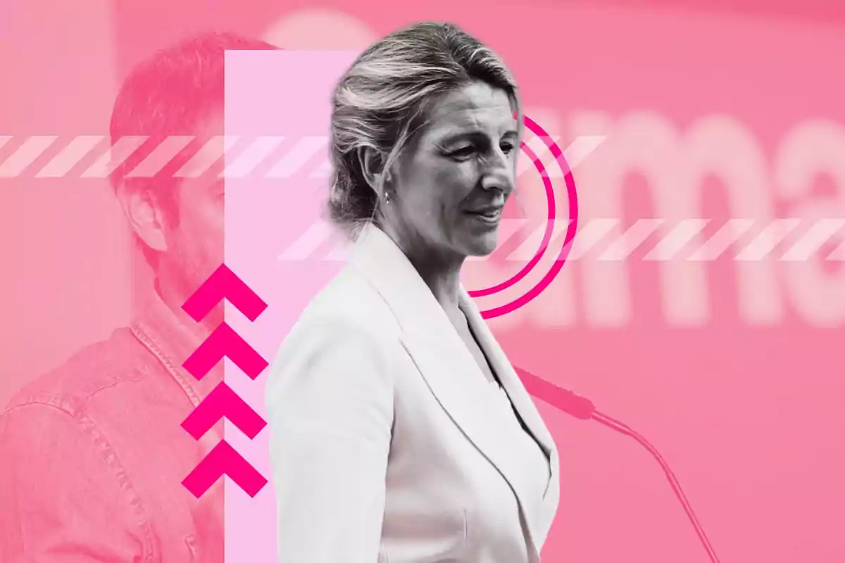Mujer de cabello rubio recogido con saco claro de perfil sobre un fondo rosa con elementos gráficos y flechas hacia arriba